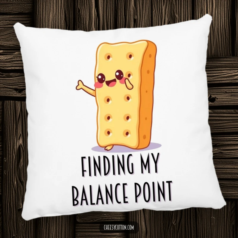 Funny Pillow featuring a cheesy cracker balancing on its corner with an expression of utmost glee, adding comfort and humor.