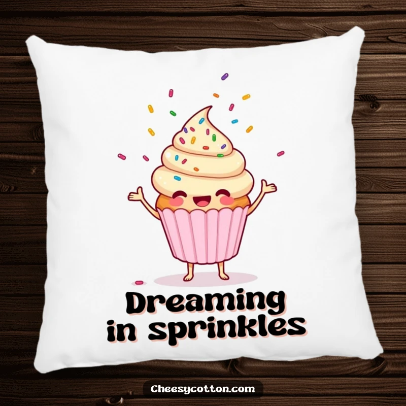 Funny, cute cupcake character juggling sprinkles, featured on a soft pillow, perfect for adding humor to furniture.