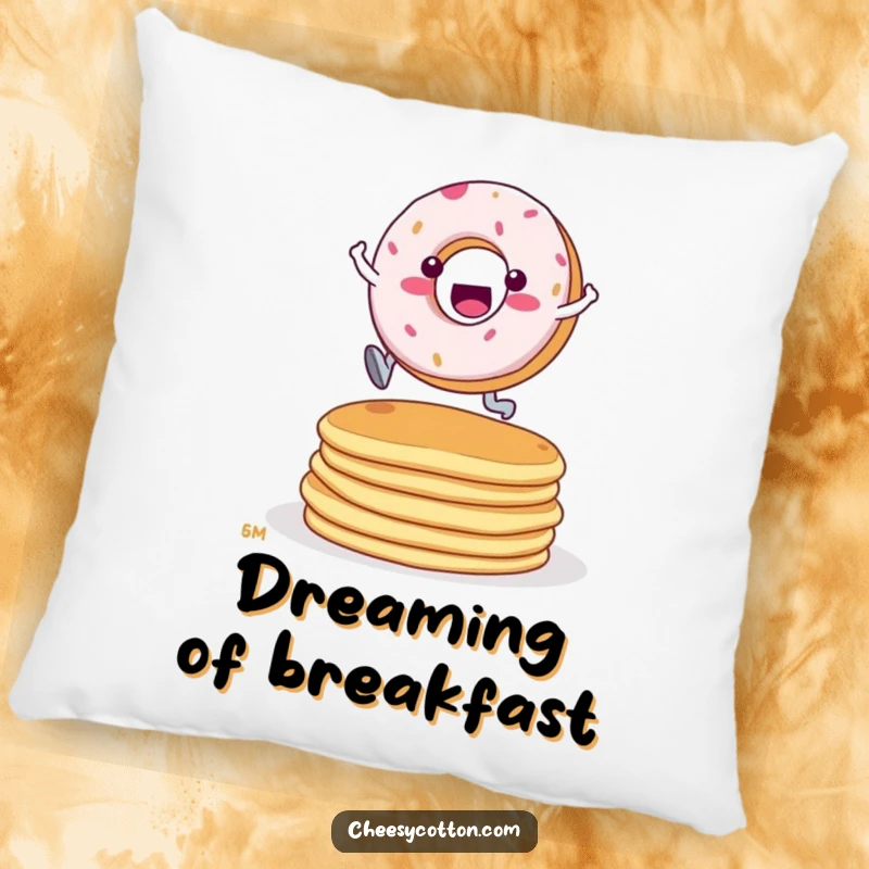 Funny Donut Pancake Leap Pillow: A soft cushion featuring a determined donut character leaping over a stack of pancakes.