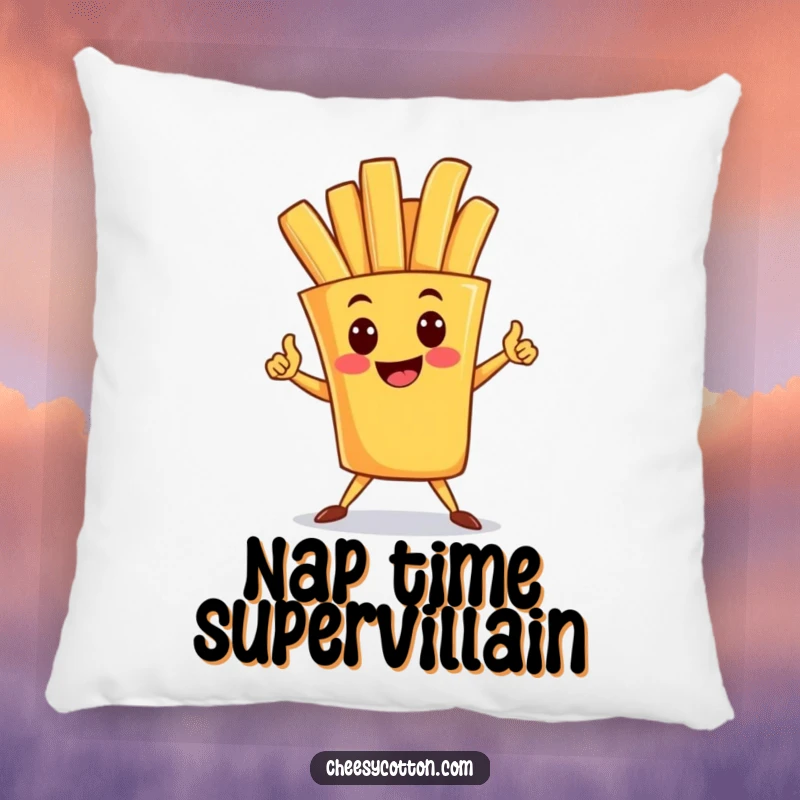 Funny pillow with a happy french fry character striking a superhero pose, offering comfort and a dose of heroic fun.