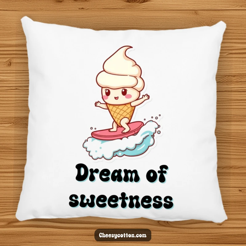 Funny ice cream cone surfing a candy wave, a soft and humorous pillow for sweet dreamers.