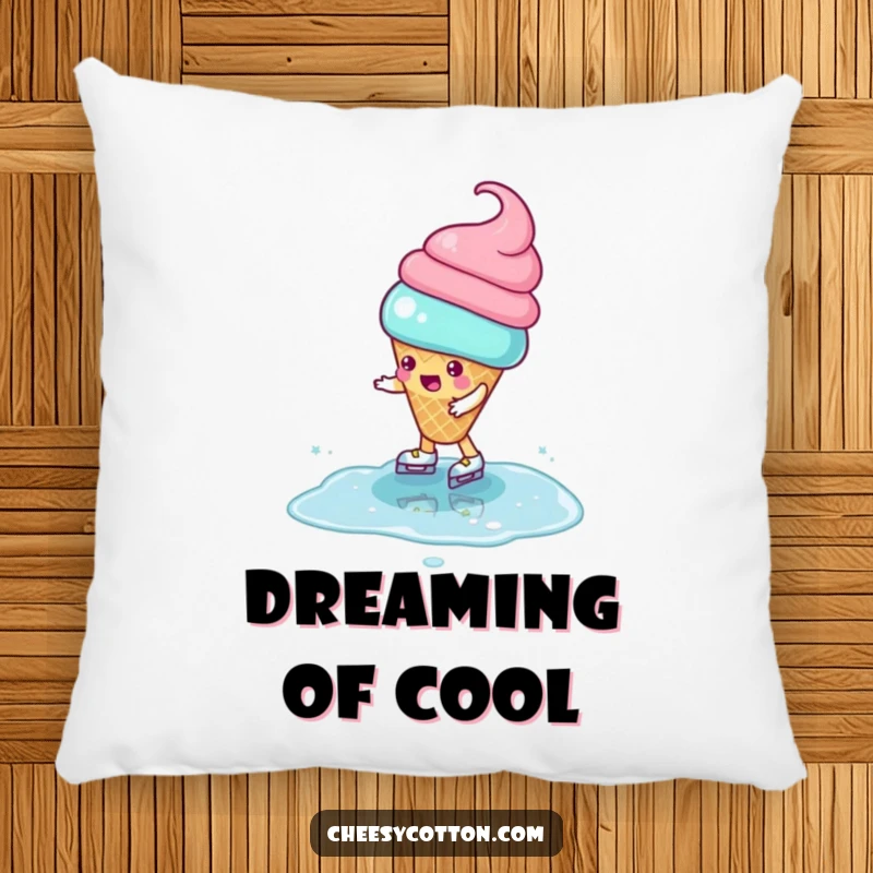 Funny Pillow featuring a playful ice cream cone character attempting to ice skate on a puddle, providing soft humor.