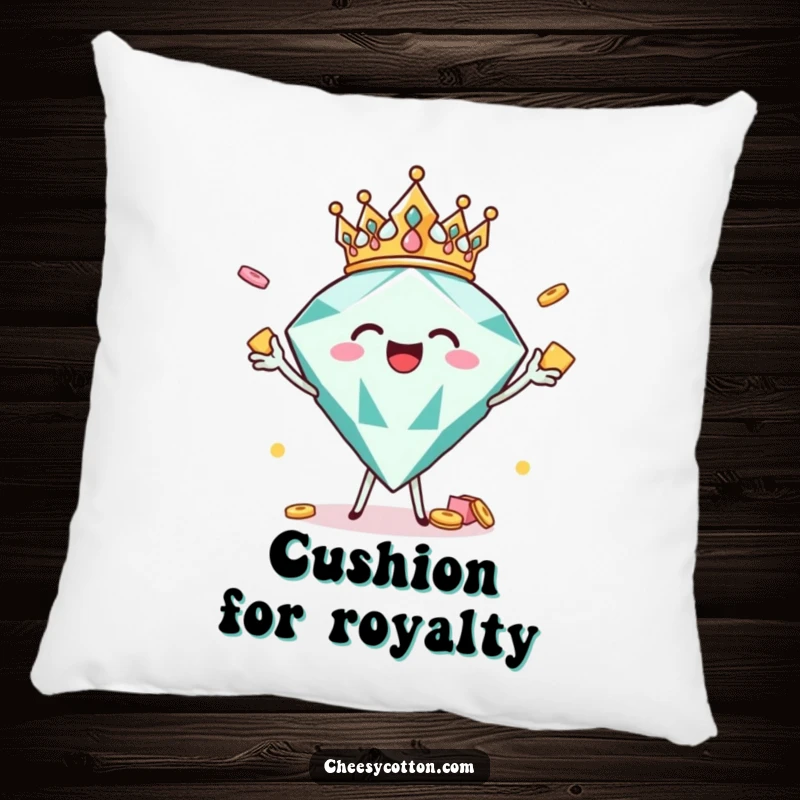 Funny crowned diamond character tossing snacks, a soft and humorous pillow for glamorous decor.