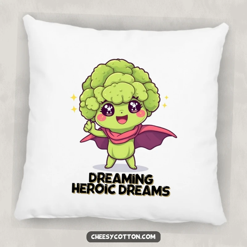 Funny Kawaii Broccoli Pillow: A soft cushion featuring a sparkling broccoli floret in a heroic superhero stance.