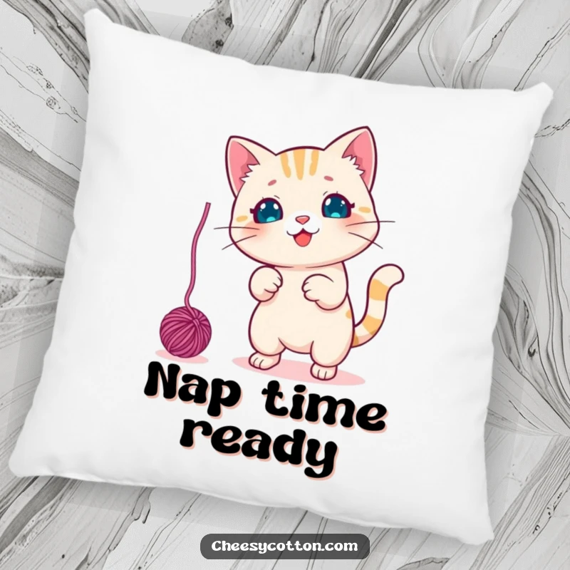Funny Pillow featuring a cute kawaii cat character playfully batting at a dangling yarn ball, perfect for adding comfort and whimsy.