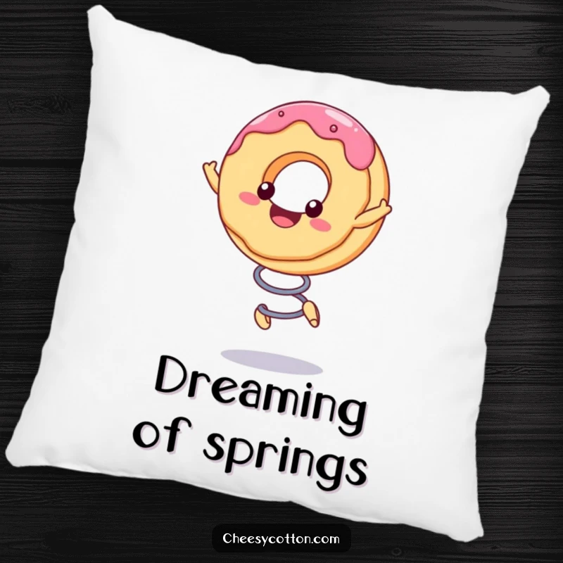 Funny Pillow featuring a cute kawaii donut character joyfully bouncing on a spring, perfect for adding comfort and whimsy.