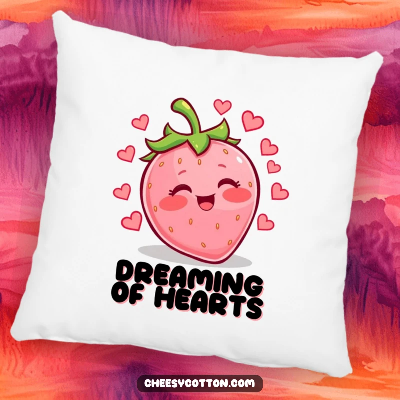 Funny kawaii strawberry juggling tiny hearts, presented as a soft, decorative pillow for ultimate comfort and affection.