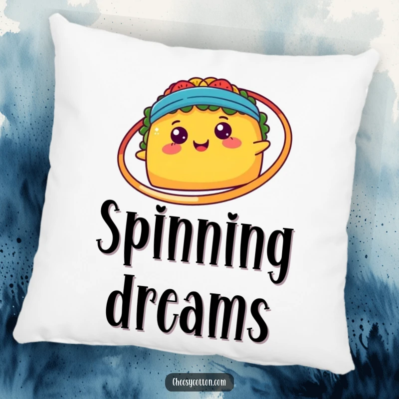 Funny happy kawaii taco playfully spinning a hula hoop, printed on a soft, comfortable pillow.
