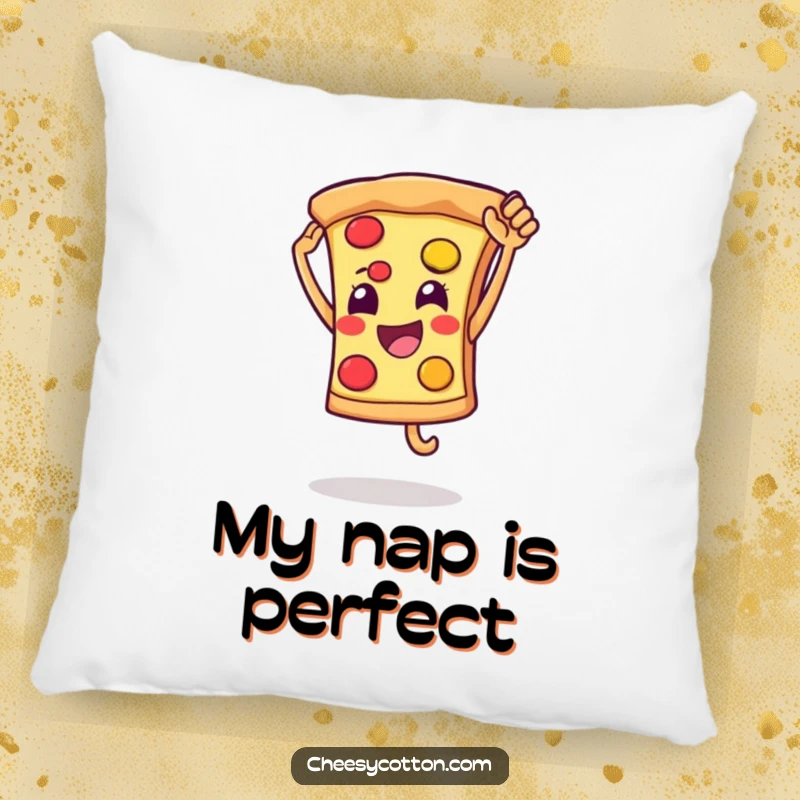 Funny pillow with a smiling pizza slice character leaping for a high five, offering comfort and a dose of playful fun.