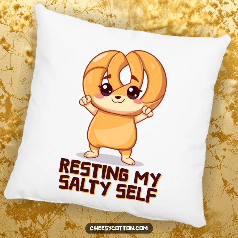 Funny pillow featuring a pretzel character striking a confident pose, a humorous and comfortable addition to any sofa.