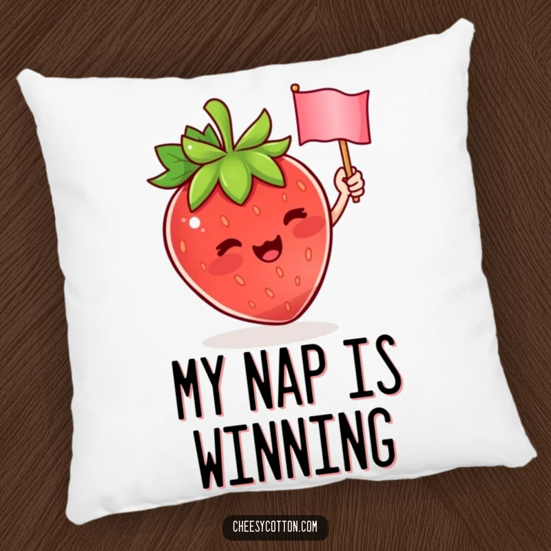 Funny pillow with a cute strawberry character enthusiastically waving a tiny flag, providing comfort and a touch of playful decoration.