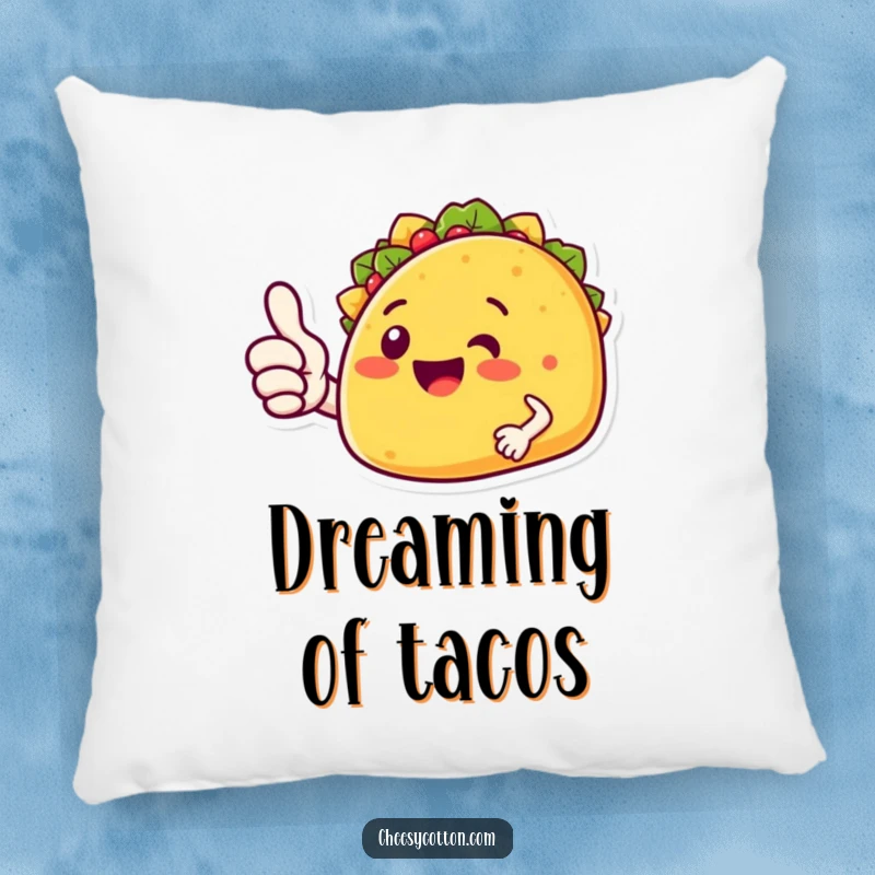 Funny taco character giving a thumbs up, featured on a soft pillow for a humorous decorative accent.