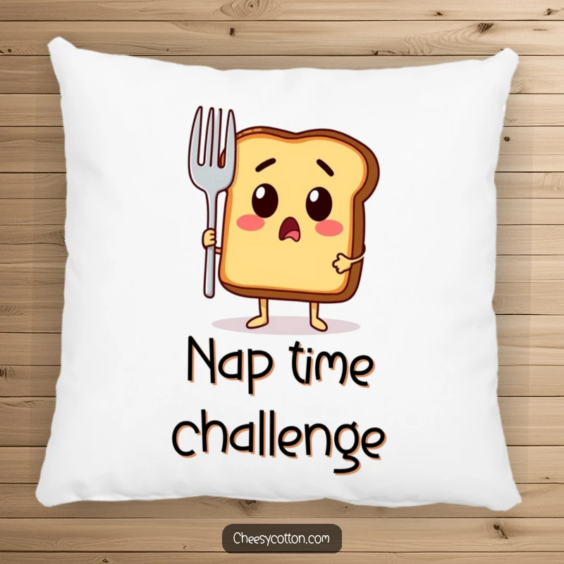 Funny pillow featuring a surprised toast character clutching a giant fork, offering comfort and a dose of breakfast absurdity.
