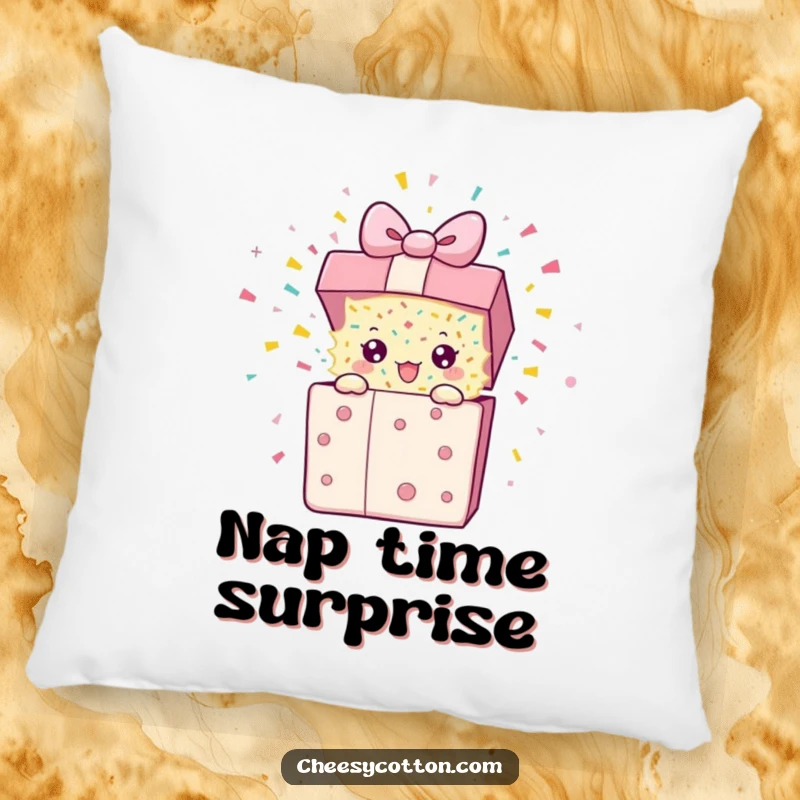 Funny Pillow with a plush present character erupting in confetti, offering a soft and humorous decorative touch.