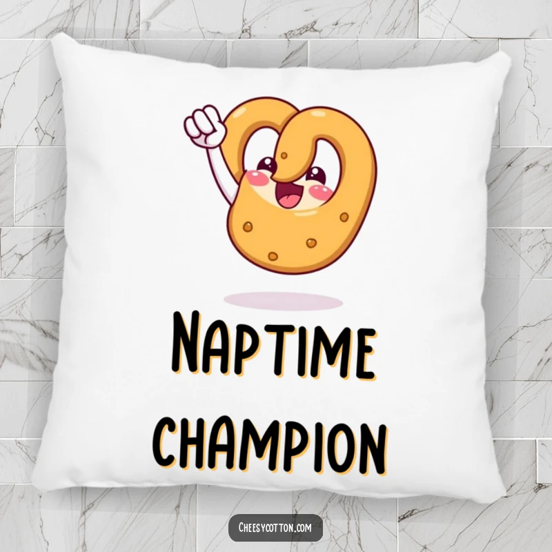 Funny pillow featuring a happy pretzel character making a strong fist pump, symbolizing achievement and comfort.