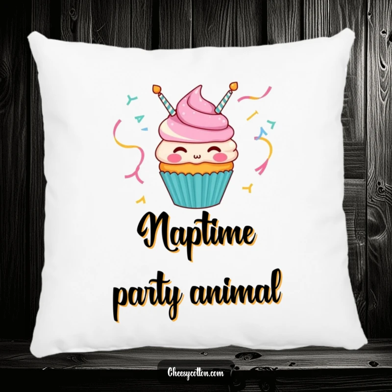 Funny pillow with a happy cupcake character joyfully blowing party streamers, offering comfort and cheer.