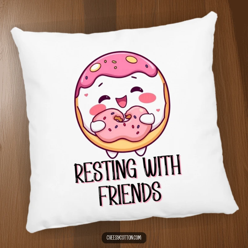 Funny donut character sharing a donut, featured on a soft pillow for a humorous decorative accent.