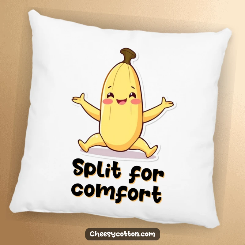 Funny pillow with a smiling banana character in a playful split, offering comfort and cheer.