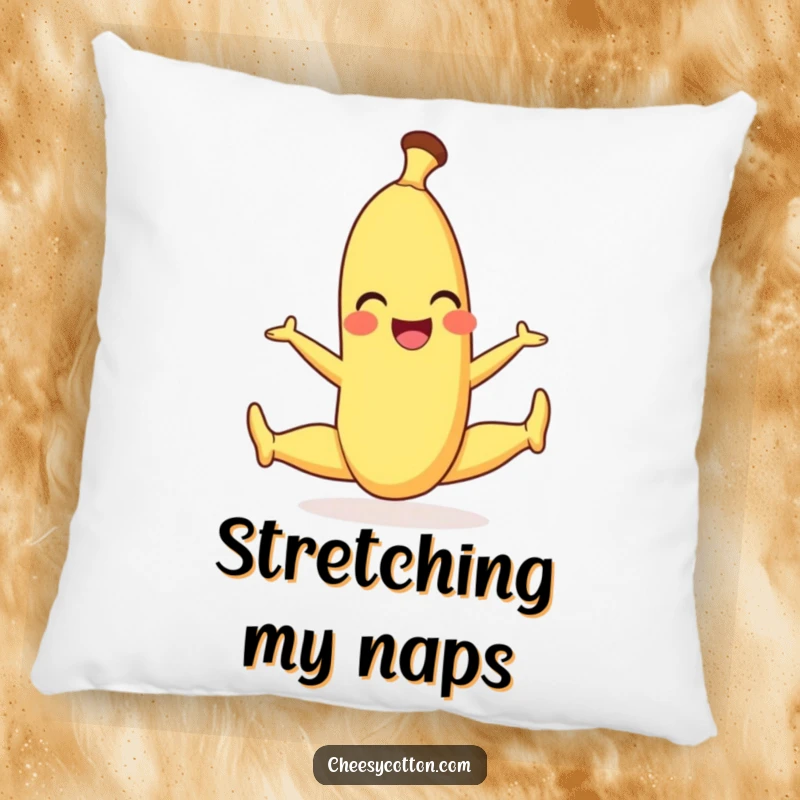 Funny pillow featuring a smiling banana character in a playful split, offering cozy comfort and lighthearted humor.