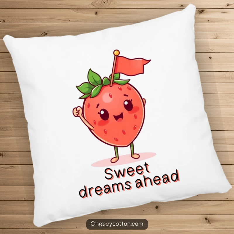 Funny strawberry character waving a flag featured on a soft pillow, adding comfort and humor to home decor.