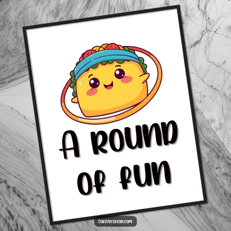 Funny, happy kawaii taco joyfully spinning a hula hoop, offered as a downloadable digital art print.