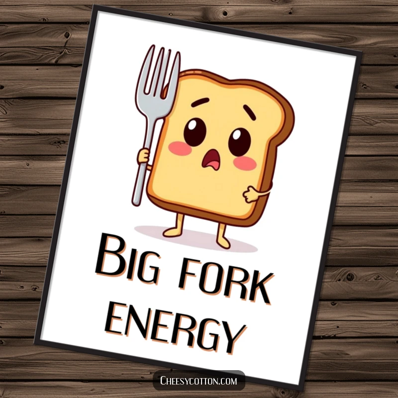 Funny digital art print of a surprised toast character ready with a giant fork, capturing a moment of breakfast anticipation.
