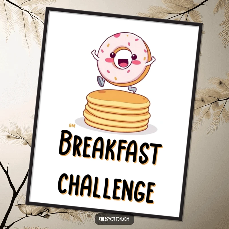 Funny Donut Pancake Leap Digital Art Print: High-resolution image of a determined donut character leaping over a stack of pancakes.