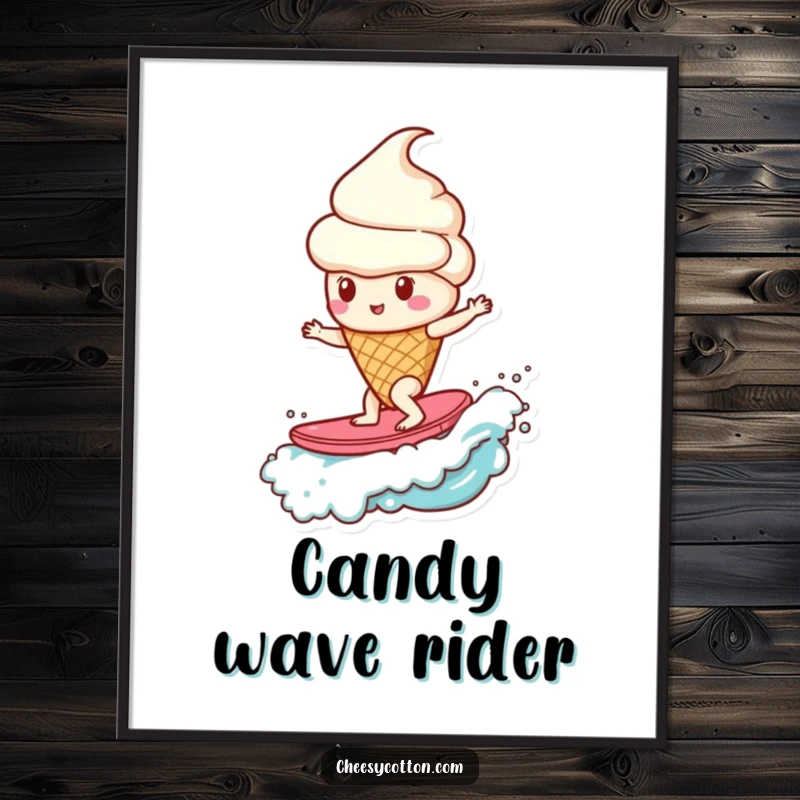 Funny ice cream cone surfing a candy wave, instant humorous digital art print for sweet lovers.
