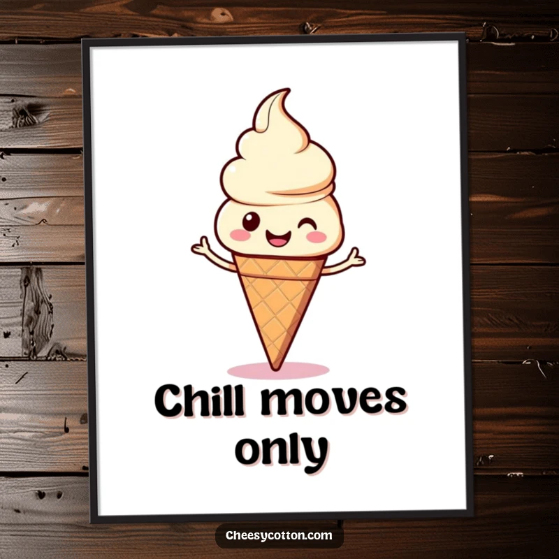 Funny kawaii ice cream cone dancing joyfully, available as a downloadable digital art print for instant sweet decor.