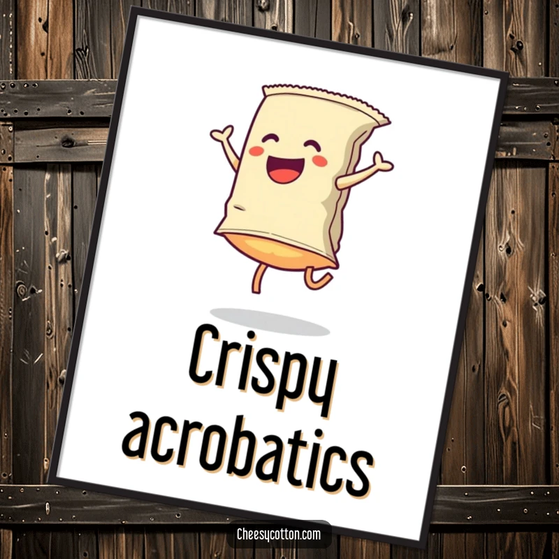Funny Digital Art Print: A cartwheeling chip bag brings dynamic, humorous energy, perfect for lively and playful home decor.