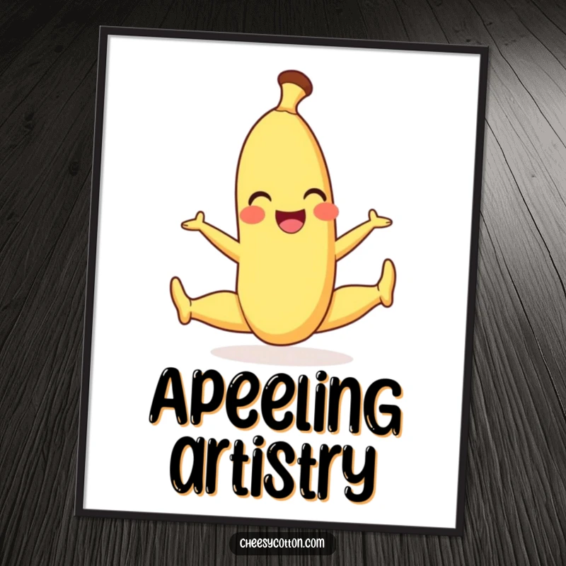 Funny digital art print of a smiling banana character in a playful split, perfect for vibrant, cheerful decor.
