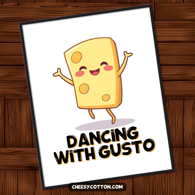 Funny cheese character captured in a joyful dance, offered as a downloadable digital art print.
