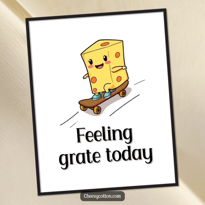 Funny digital art print of a smiling cheese character skateboarding down a ramp, bringing extreme action and cool vibes instantly.