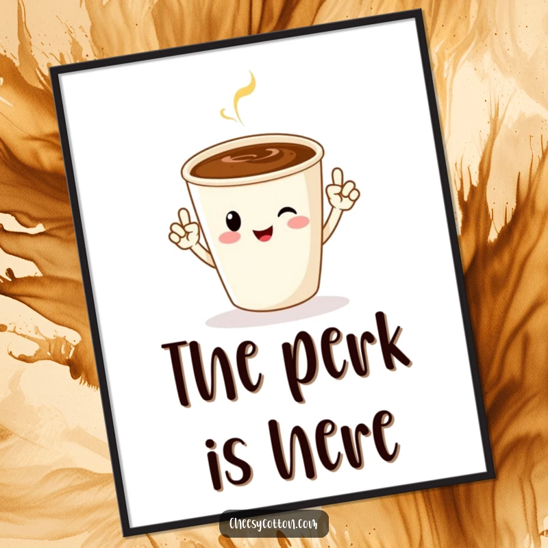 Funny digital art print of a cheerful coffee cup character performing jazz hands, perfect for instant wall decor.