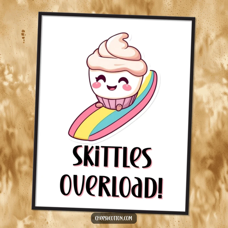 Funny digital art print of a smiling cupcake character with mischievous eyes, sliding down a rainbow, a picture of pure delight.