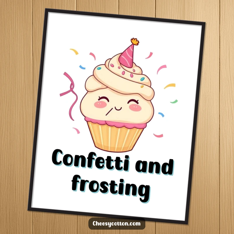 Funny digital art print of a happy cupcake character joyfully blowing colorful party streamers, a vibrant and celebratory decoration.