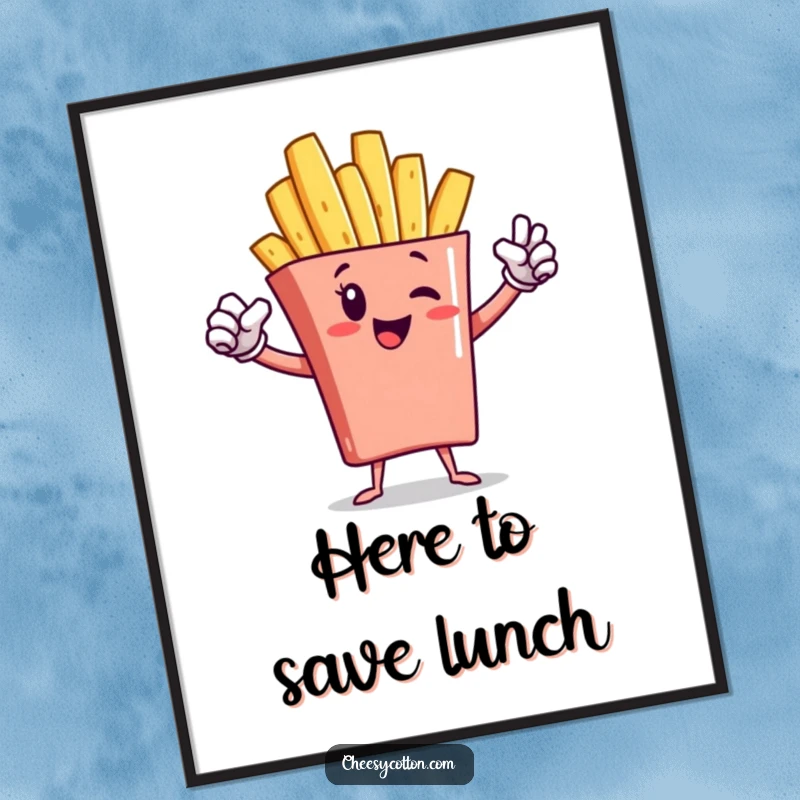 Funny, dynamic digital art print of a french fry character in a superhero pose, ready to inspire.