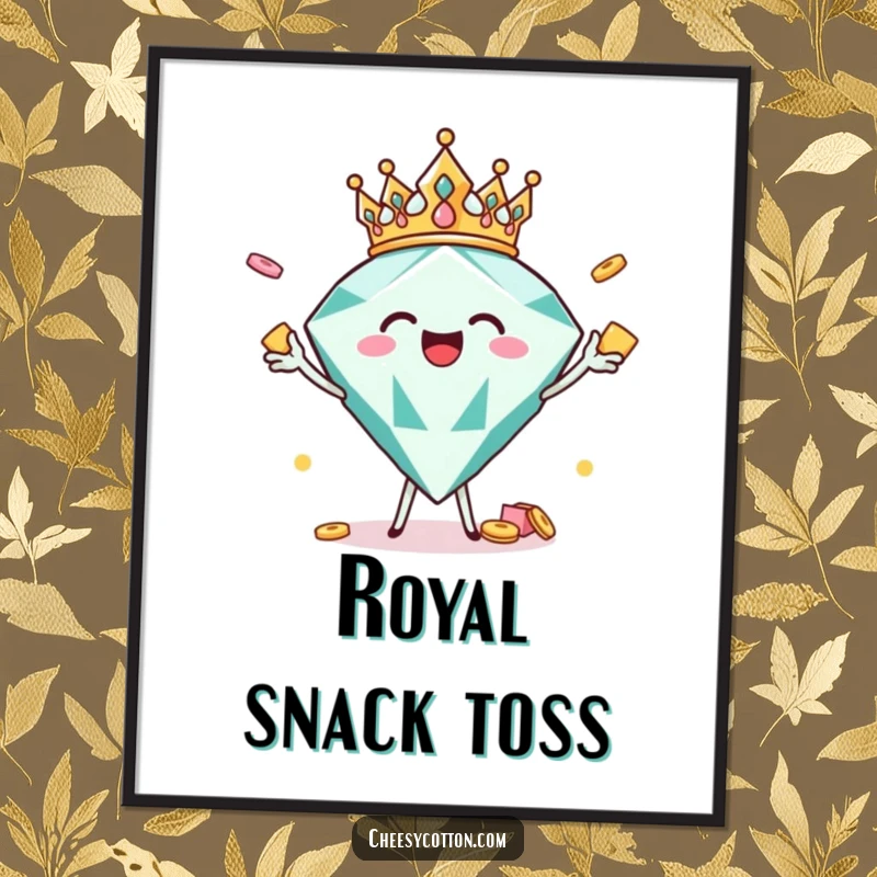 Funny crowned diamond character tossing snacks, instant humorous digital art print for celebrations.