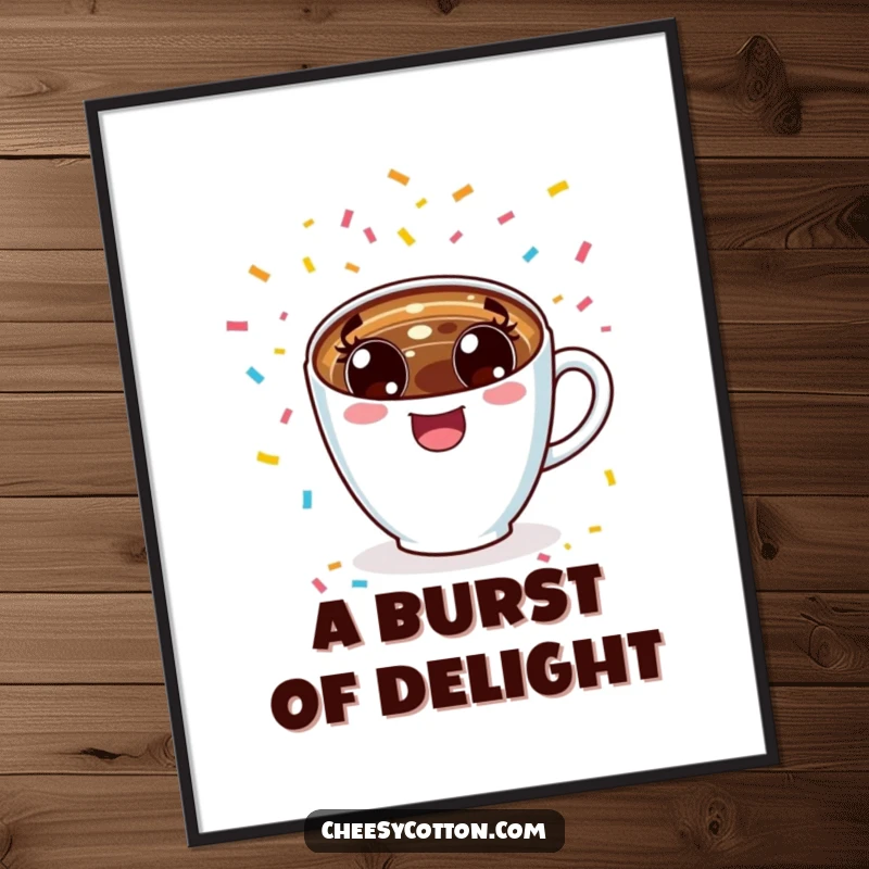 Funny, excited kawaii coffee cup joyfully cheering with confetti, offered as a downloadable digital art print.