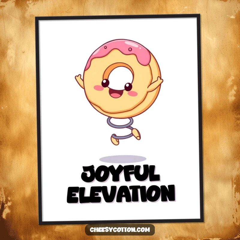 Funny Digital Art Print of a cute kawaii donut character bouncing high on a spring, bringing instant cheer and fun.