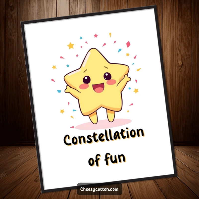 Funny Digital Art Print of a cute kawaii star character gleefully throwing confetti, bringing instant celebration and cheer.