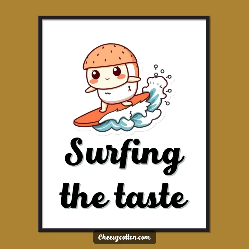 Funny Kawaii Sushi Digital Art: Instant Surf Vibes! Ocean Decor, Whimsical Funny Gift Download