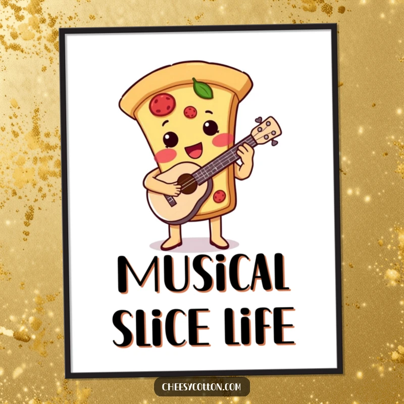 Funny digital art print of a cute pizza slice character playing a ukulele, perfect for instant wall decor.