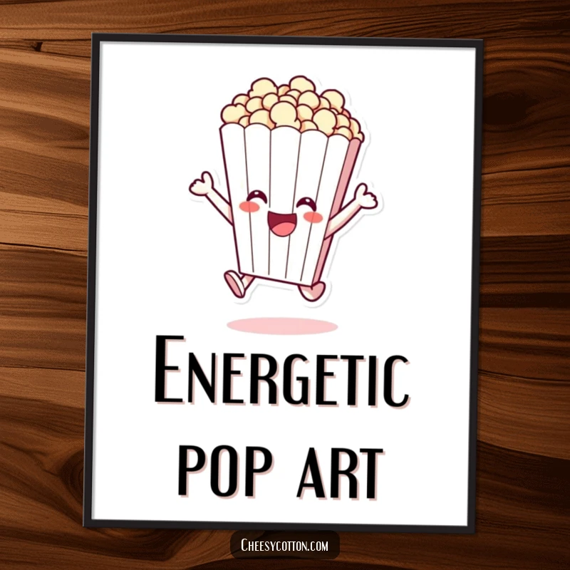 Funny digital art print of a cheerful popcorn bag character excitedly leaping, perfect for instant decor.