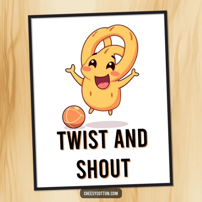 Funny smiling pretzel character joyfully bouncing a rubber ball, high-resolution digital art for vibrant and playful wall decor.