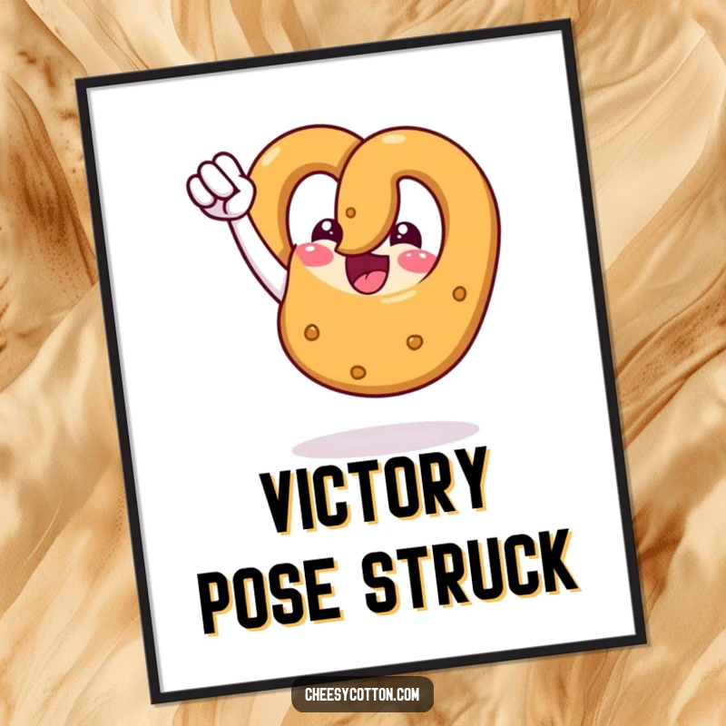 Funny digital art print of a triumphant pretzel character raising its fist in the air with pure celebratory energy.