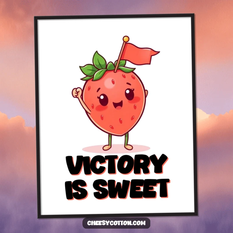 Funny, cute digital art print of a strawberry character waving a flag, ready to bring cheerful vibes to any space.