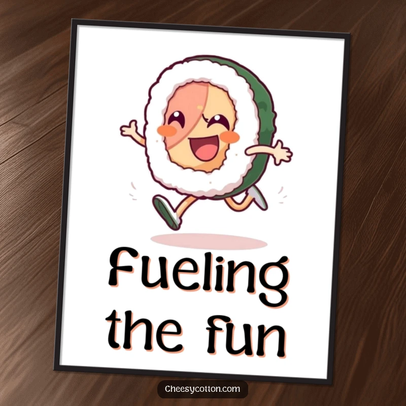 Funny sushi roll character performing a high-knee run with pure glee, available as a downloadable funny art print.