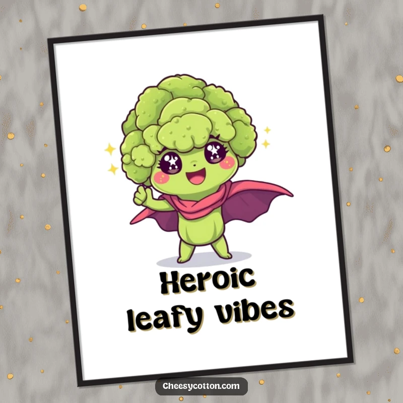 Funny Kawaii Broccoli Digital Art Print: A downloadable image of a sparkling broccoli floret in a superhero pose.