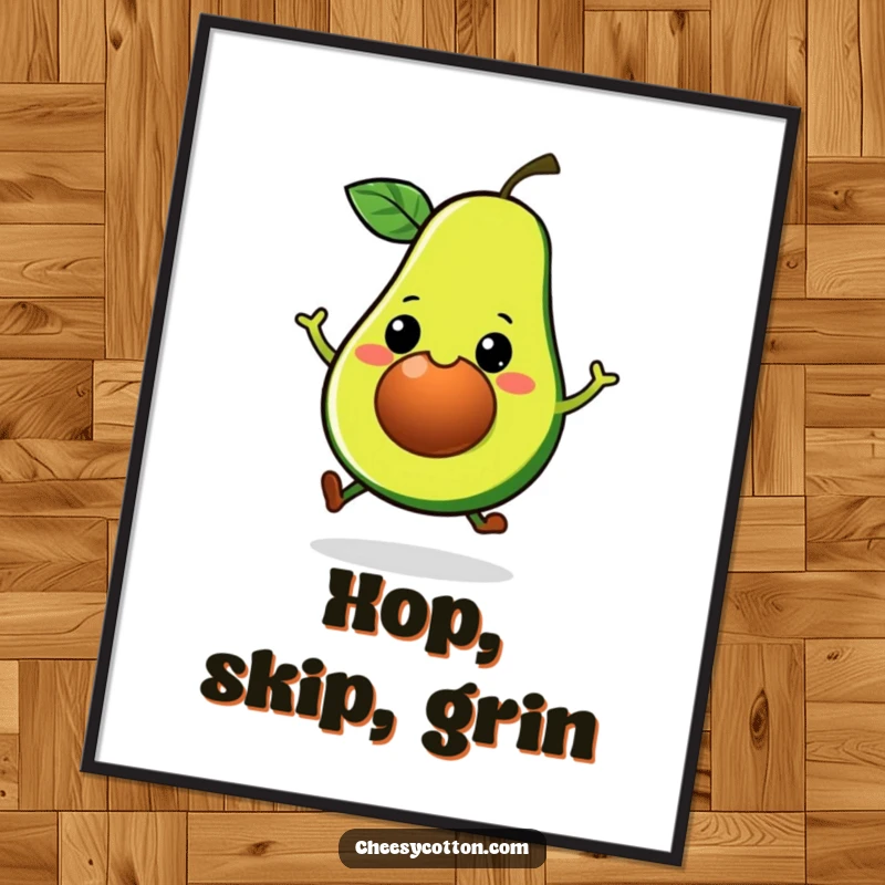 Funny Kawaii Avocado Digital Art Print: A downloadable image of a cheerful, hopping avocado, bringing playful vibes.